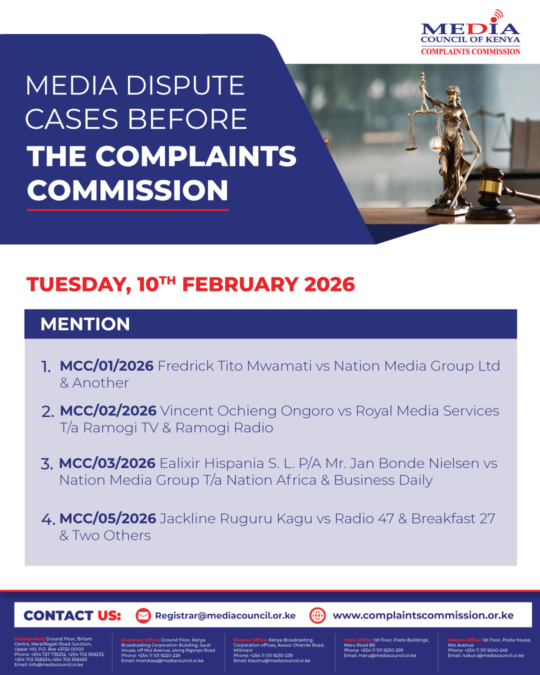 Cases coming up before the Media Complaints Commission 10th February, 2026.