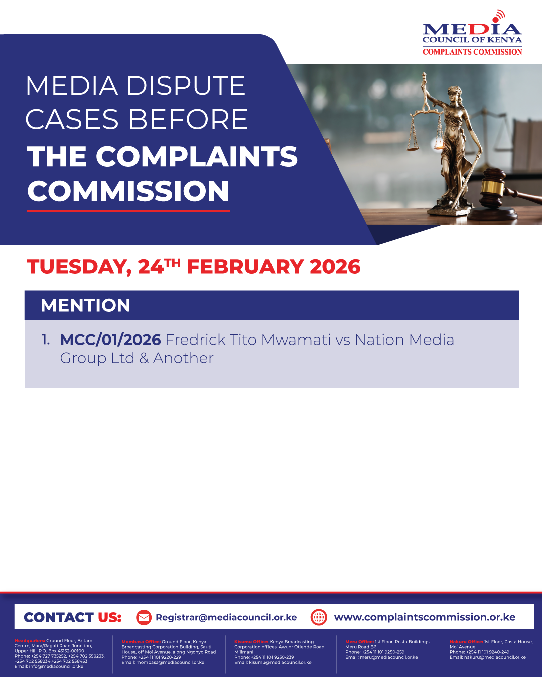 Cases comming up before the Media Complaints Commission on 24th February, 2026
